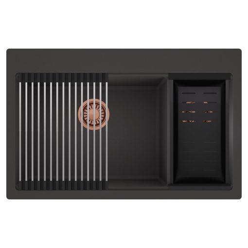 HD Aspen Antracit 78 kétmedencés gránit mosogatótálca szett, acél csepegtetőráccsal és matt fekete kosárral, matt antracit színben, szálcsiszolt réz leeresztő szifonnal