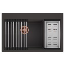 HD Aspen Antracit 78 kétmedencés gránit mosogatótálca szett, acél csepegtetőráccsal és kosárral, matt antracit színben, szálcsiszolt réz leeresztő szifonnal