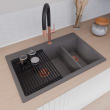 HD Aspen Antracit 78 kétmedencés gránit mosogatótálca szett, vágódeszkával, matt fekete csepegtetőráccsal és krómozott kosárral, matt antracit színben, szálcsiszolt réz leeresztő szifonnal