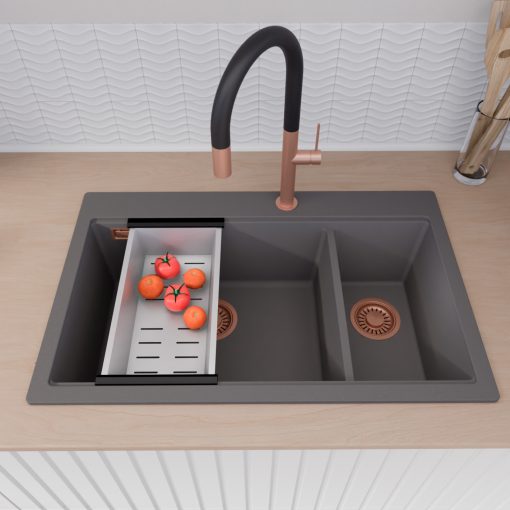 HD Aspen Antracit 78 kétmedencés gránit mosogatótálca szett, vágódeszkával, matt fekete csepegtetőráccsal és krómozott kosárral, matt antracit színben, szálcsiszolt réz leeresztő szifonnal
