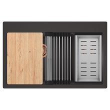 HD Aspen Antracit 78 kétmedencés gránit mosogatótálca szett, vágódeszkával, acél csepegtetőráccsal és kosárral, matt antracit színben, szálcsiszolt réz leeresztő szifonnal