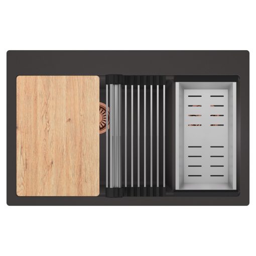 HD Aspen Antracit 78 kétmedencés gránit mosogatótálca szett, vágódeszkával, acél csepegtetőráccsal és kosárral, matt antracit színben, szálcsiszolt réz leeresztő szifonnal