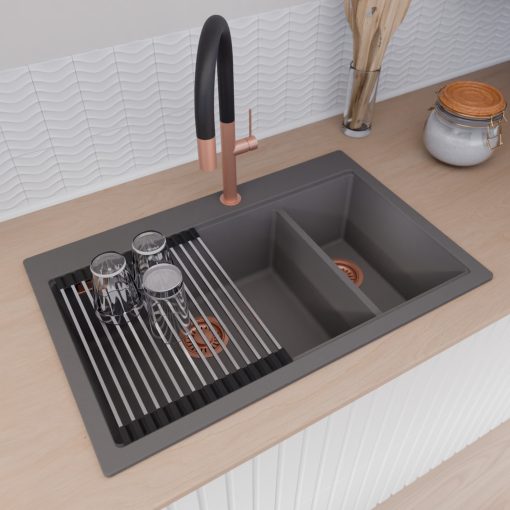 HD Aspen Antracit 78 kétmedencés gránit mosogatótálca szett, vágódeszkával, acél csepegtetőráccsal és kosárral, matt antracit színben, szálcsiszolt réz leeresztő szifonnal
