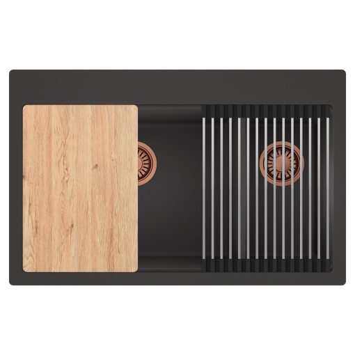 HD Aspen Antracit 78 kétmedencés gránit mosogatótálca szett, vágódeszkával, acél csepegtetőráccsal, matt antracit színben, szálcsiszolt réz leeresztő szifonnal