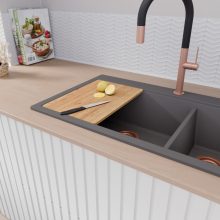 HD Aspen Antracit 78 kétmedencés gránit mosogatótálca szett, vágódeszkával, acél csepegtetőráccsal, matt antracit színben, szálcsiszolt réz leeresztő szifonnal