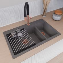 HD Aspen Antracit 78 kétmedencés gránit mosogatótálca szett, vágódeszkával, acél csepegtetőráccsal, matt antracit színben, szálcsiszolt réz leeresztő szifonnal