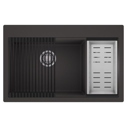 HD Aspen Antracit 78 kétmedencés gránit mosogatótálca szett, matt fekete csepegtetőráccsal és krómozott kosárral, matt antracit színben