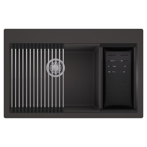 HD Aspen Antracit 78 kétmedencés gránit mosogatótálca szett, acél csepegtetőráccsal és matt fekete kosárral, matt antracit színben