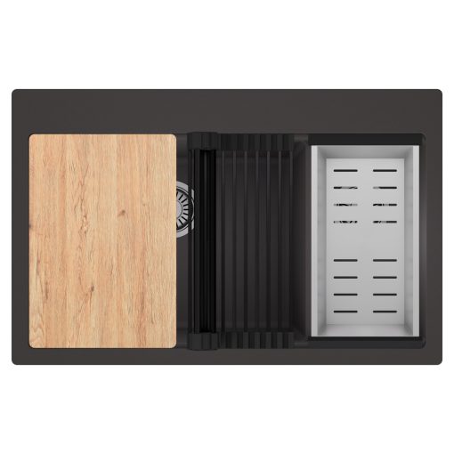 HD Aspen Antracit 78 kétmedencés gránit mosogatótálca szett, vágódeszkával, matt fekete csepegtetőráccsal és krómozott kosárral, matt antracit színben