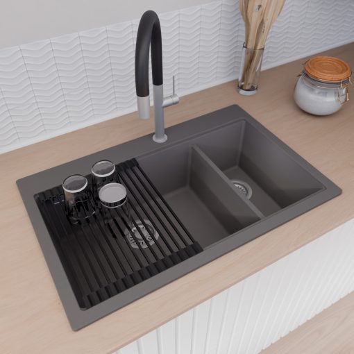 HD Aspen Antracit 78 kétmedencés gránit mosogatótálca szett, vágódeszkával, matt fekete csepegtetőráccsal és krómozott kosárral, matt antracit színben