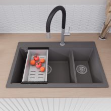 HD Aspen Antracit 78 kétmedencés gránit mosogatótálca szett, vágódeszkával, matt fekete csepegtetőráccsal és krómozott kosárral, matt antracit színben
