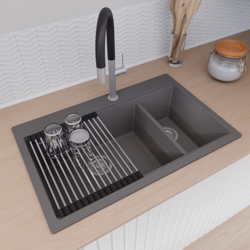 HD Aspen Antracit 78 kétmedencés gránit mosogatótálca szett, vágódeszkával, acél csepegtetőráccsal, matt antracit színben