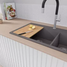 HD Aspen Antracit 78 kétmedencés gránit mosogatótálca, vágódeszkával, matt antracit színben