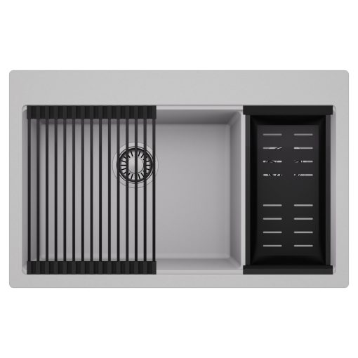 HD Aspen Grey 78 kétmedencés gránit mosogatótálca szett, matt fekete csepegtetőráccsal és kosárral, alpesi szürke színben, szálcsiszolt króm leeresztő szifonnal