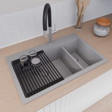 HD Aspen Grey 78 kétmedencés gránit mosogatótálca szett, matt fekete csepegtetőráccsal és kosárral, alpesi szürke színben, szálcsiszolt króm leeresztő szifonnal