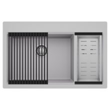 HD Aspen Grey 78 kétmedencés gránit mosogatótálca szett, matt fekete csepegtetőráccsal és krómozott kosárral, alpesi szürke színben, szálcsiszolt króm leeresztő szifonnal