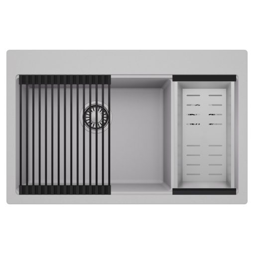 HD Aspen Grey 78 kétmedencés gránit mosogatótálca szett, matt fekete csepegtetőráccsal és krómozott kosárral, alpesi szürke színben, szálcsiszolt króm leeresztő szifonnal