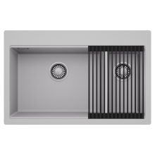 HD Aspen Grey 78 kétmedencés gránit mosogatótálca szett, matt fekete csepegtetőráccsal, alpesi szürke színben, szálcsiszolt króm leeresztő szifonnal