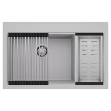 HD Aspen Grey 78 kétmedencés gránit mosogatótálca szett, acél csepegtetőráccsal és kosárral, alpesi szürke színben, szálcsiszolt króm leeresztő szifonnal