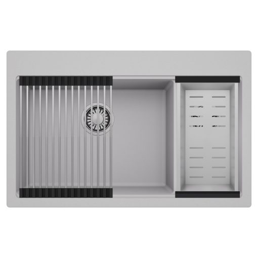 HD Aspen Grey 78 kétmedencés gránit mosogatótálca szett, acél csepegtetőráccsal és kosárral, alpesi szürke színben, szálcsiszolt króm leeresztő szifonnal