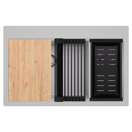 HD Aspen Grey 78 kétmedencés gránit mosogatótálca szett, vágódeszkával, matt fekete csepegtetőráccsal és kosárral, alpesi szürke színben, szálcsiszolt króm leeresztő szifonnal