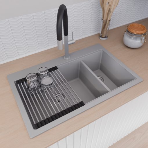 HD Aspen Grey 78 kétmedencés gránit mosogatótálca szett, vágódeszkával, acél csepegtetőráccsal és matt fekete kosárral, alpesi szürke színben, szálcsiszolt króm leeresztő szifonnal