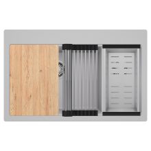 HD Aspen Grey 78 kétmedencés gránit mosogatótálca szett, vágódeszkával, acél csepegtetőráccsal és kosárral, alpesi szürke színben, szálcsiszolt króm leeresztő szifonnal