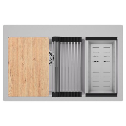 HD Aspen Grey 78 kétmedencés gránit mosogatótálca szett, vágódeszkával, acél csepegtetőráccsal és kosárral, alpesi szürke színben, szálcsiszolt króm leeresztő szifonnal