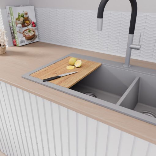 HD Aspen Grey 78 kétmedencés gránit mosogatótálca szett, vágódeszkával, acél csepegtetőráccsal és kosárral, alpesi szürke színben, szálcsiszolt króm leeresztő szifonnal