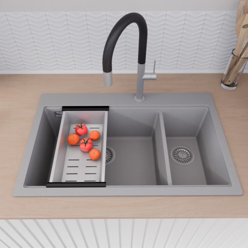 HD Aspen Grey 78 kétmedencés gránit mosogatótálca szett, vágódeszkával, acél csepegtetőráccsal és kosárral, alpesi szürke színben, szálcsiszolt króm leeresztő szifonnal