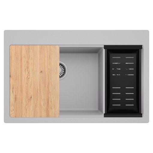 HD Aspen Grey 78 kétmedencés gránit mosogatótálca szett, vágódeszkával, matt fekete csepegtetőkosárral, alpesi szürke színben, szálcsiszolt króm leeresztő szifonnal