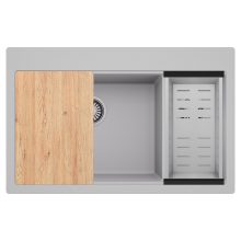 HD Aspen Grey 78 kétmedencés gránit mosogatótálca szett, vágódeszkával, acél csepegtetőkosárral, alpesi szürke színben, szálcsiszolt króm leeresztő szifonnal