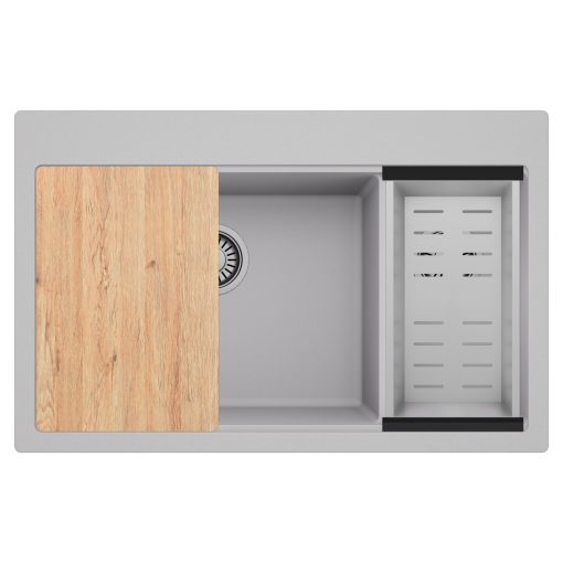 HD Aspen Grey 78 kétmedencés gránit mosogatótálca szett, vágódeszkával, acél csepegtetőkosárral, alpesi szürke színben, szálcsiszolt króm leeresztő szifonnal