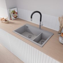 HD Aspen Grey 78 kétmedencés gránit mosogatótálca, vágódeszkával, alpesi szürke színben, szálcsiszolt króm leeresztő szifonnal