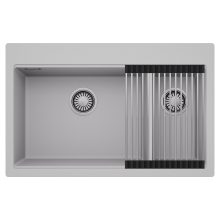 HD Aspen Grey 78 kétmedencés gránit mosogatótálca szett, acél csepegtetőráccsal, alpesi szürke színben, szálcsiszolt króm leeresztő szifonnal