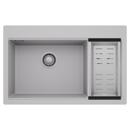 HD Aspen Grey 78 kétmedencés gránit mosogatótálca szett, acél csepegtetőkosárral, alpesi szürke színben, szálcsiszolt króm leeresztő szifonnal