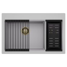 HD Aspen Grey 78 kétmedencés gránit mosogatótálca szett, matt fekete csepegtetőráccsal és kosárral, alpesi szürke színben, szálcsiszolt arany leeresztő szifonnal