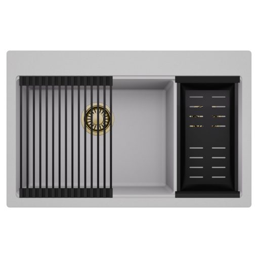 HD Aspen Grey 78 kétmedencés gránit mosogatótálca szett, matt fekete csepegtetőráccsal és kosárral, alpesi szürke színben, szálcsiszolt arany leeresztő szifonnal
