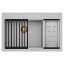 HD Aspen Grey 78 kétmedencés gránit mosogatótálca szett, matt fekete csepegtetőráccsal és krómozott kosárral, alpesi szürke színben, szálcsiszolt arany leeresztő szifonnal