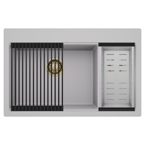 HD Aspen Grey 78 kétmedencés gránit mosogatótálca szett, matt fekete csepegtetőráccsal és krómozott kosárral, alpesi szürke színben, szálcsiszolt arany leeresztő szifonnal