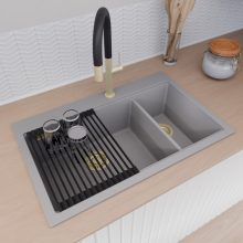 HD Aspen Grey 78 kétmedencés gránit mosogatótálca szett, matt fekete csepegtetőráccsal és krómozott kosárral, alpesi szürke színben, szálcsiszolt arany leeresztő szifonnal