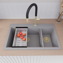 HD Aspen Grey 78 kétmedencés gránit mosogatótálca szett, matt fekete csepegtetőráccsal és krómozott kosárral, alpesi szürke színben, szálcsiszolt arany leeresztő szifonnal