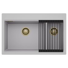HD Aspen Grey 78 kétmedencés gránit mosogatótálca szett, matt fekete csepegtetőráccsal, alpesi szürke színben, szálcsiszolt arany leeresztő szifonnal