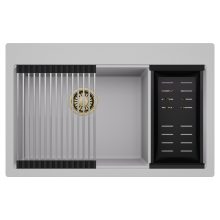 HD Aspen Grey 78 kétmedencés gránit mosogatótálca szett, acél csepegtetőráccsal és matt fekete kosárral, alpesi szürke színben, szálcsiszolt arany leeresztő szifonnal