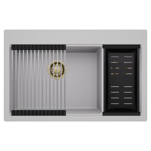 HD Aspen Grey 78 kétmedencés gránit mosogatótálca szett, acél csepegtetőráccsal és matt fekete kosárral, alpesi szürke színben, szálcsiszolt arany leeresztő szifonnal