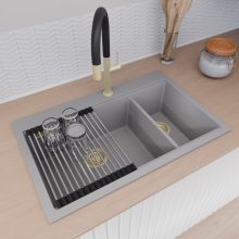 HD Aspen Grey 78 kétmedencés gránit mosogatótálca szett, acél csepegtetőráccsal és matt fekete kosárral, alpesi szürke színben, szálcsiszolt arany leeresztő szifonnal