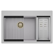 HD Aspen Grey 78 kétmedencés gránit mosogatótálca szett, acél csepegtetőráccsal és kosárral, alpesi szürke színben, szálcsiszolt arany leeresztő szifonnal