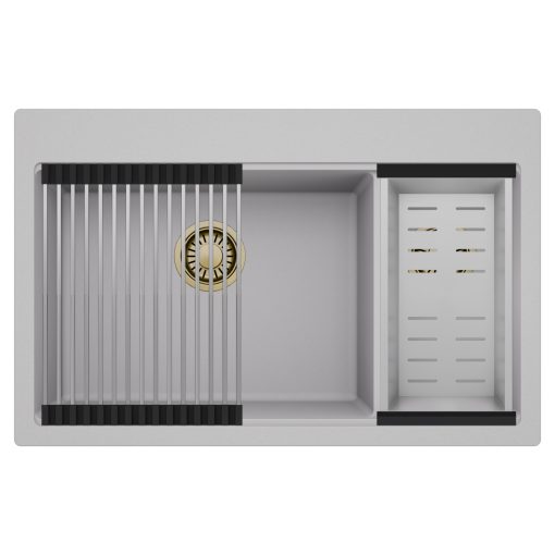 HD Aspen Grey 78 kétmedencés gránit mosogatótálca szett, acél csepegtetőráccsal és kosárral, alpesi szürke színben, szálcsiszolt arany leeresztő szifonnal