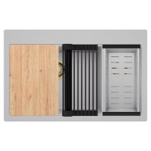 HD Aspen Grey 78 kétmedencés gránit mosogatótálca szett, vágódeszkával, matt fekete csepegtetőráccsal és krómozott kosárral, alpesi szürke színben, szálcsiszolt arany leeresztő szifonnal