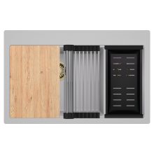 HD Aspen Grey 78 kétmedencés gránit mosogatótálca szett, vágódeszkával, acél csepegtetőráccsal és matt fekete kosárral, alpesi szürke színben, szálcsiszolt arany leeresztő szifonnal